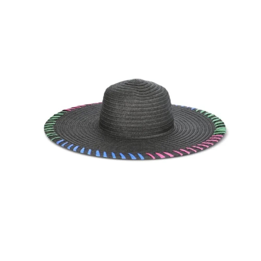Time & Tru Women’s Black Straw Floppy Hat Whipstitch Wide Brim One Size